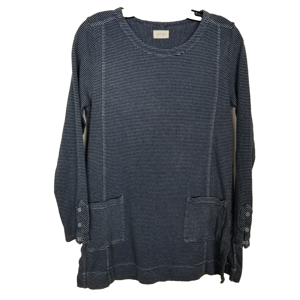 Poetry Women Hemp ‎ Organic Cotton Striped Tunic Top Sz 4 Blue Striped Pockets